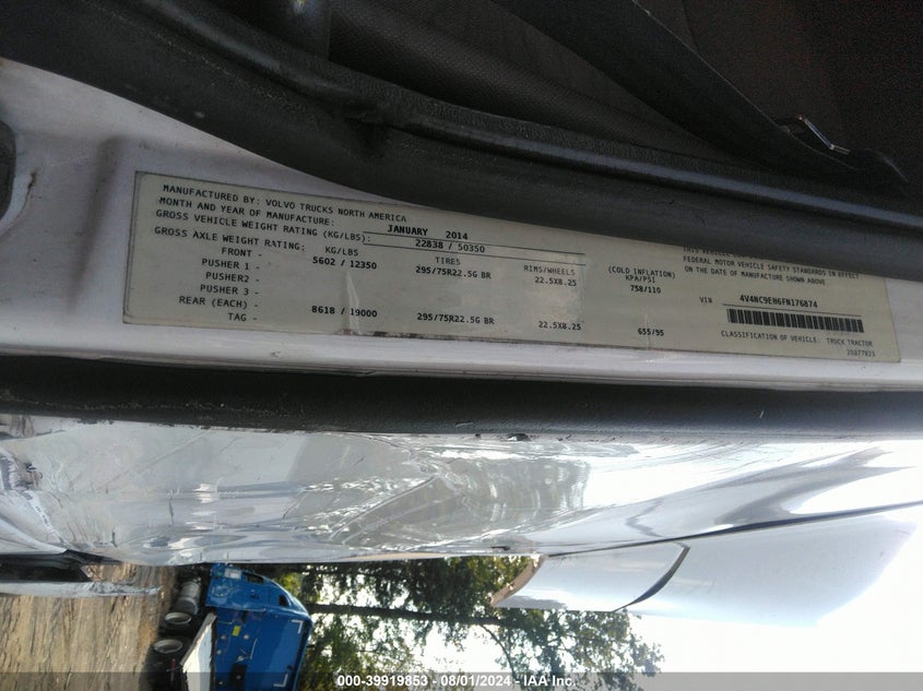 2015 Volvo Vn Vnl VIN: 4V4NC9EH6FN176874 Lot: 39919853