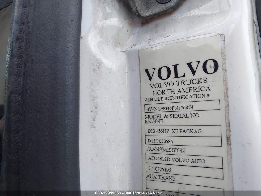 2015 Volvo Vn Vnl VIN: 4V4NC9EH6FN176874 Lot: 39919853