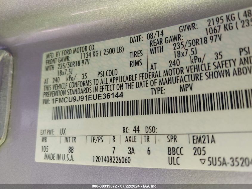 2014 Ford Escape Titanium VIN: 1FMCU9J91EUE36144 Lot: 39919872