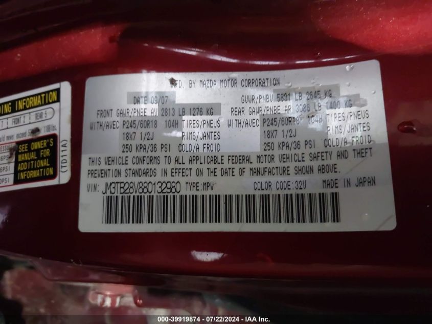 2008 Mazda Cx-9 Touring VIN: JM3TB28V880132980 Lot: 39919874