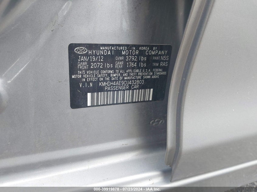 2012 Hyundai Elantra Gls (Ulsan Plant) VIN: KMHDH4AE9CU432803 Lot: 39919878