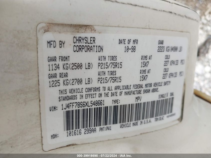 1999 Jeep Cherokee Classic VIN: 1J4FF78S6XL548661 Lot: 39919895