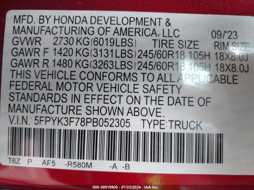 2023 Honda Ridgeline Rtl-E VIN: 5FPYK3F78PB052305 Lot: 39919905