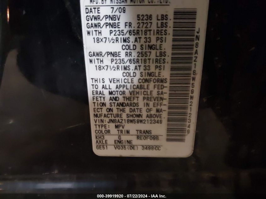 2009 Nissan Murano Sl VIN: JN8AZ18W59W212349 Lot: 39919920
