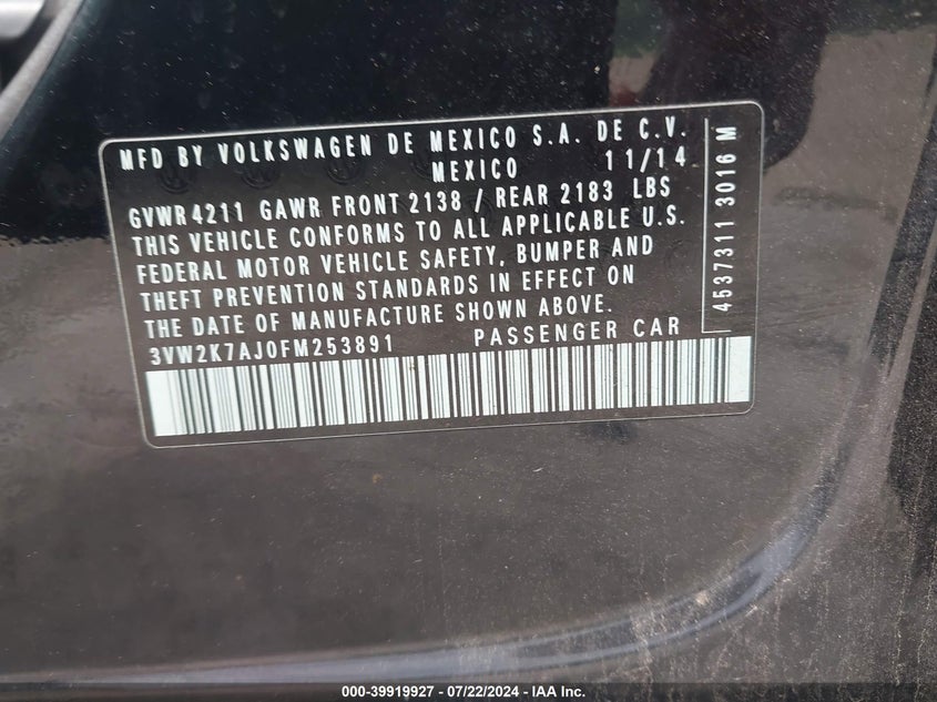 2015 VOLKSWAGEN JETTA 2.0L S - 3VW2K7AJ0FM253891