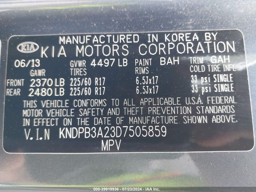 2013 Kia Sportage Lx VIN: KNDPB3A23D7505859 Lot: 39919936