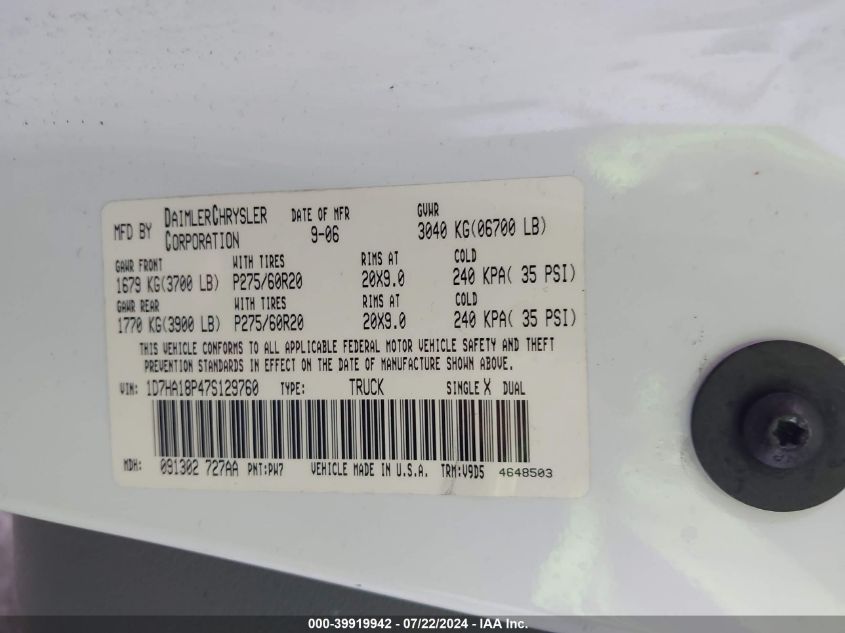 2007 Dodge Ram 1500 Slt VIN: 1D7HA18P47S129760 Lot: 39919942