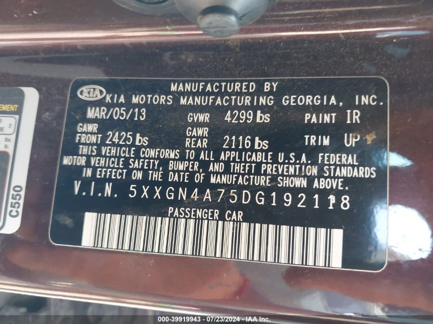 2013 Kia Optima Ex VIN: 5XXGN4A75DG192118 Lot: 39919943