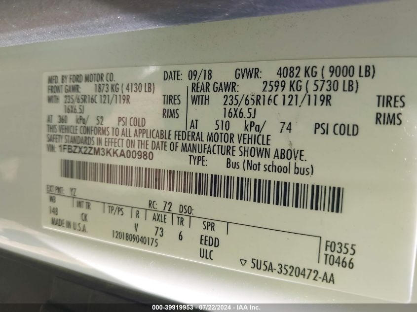 2019 Ford Transit-350 Xlt VIN: 1FBZX2ZM3KKA00980 Lot: 39919953