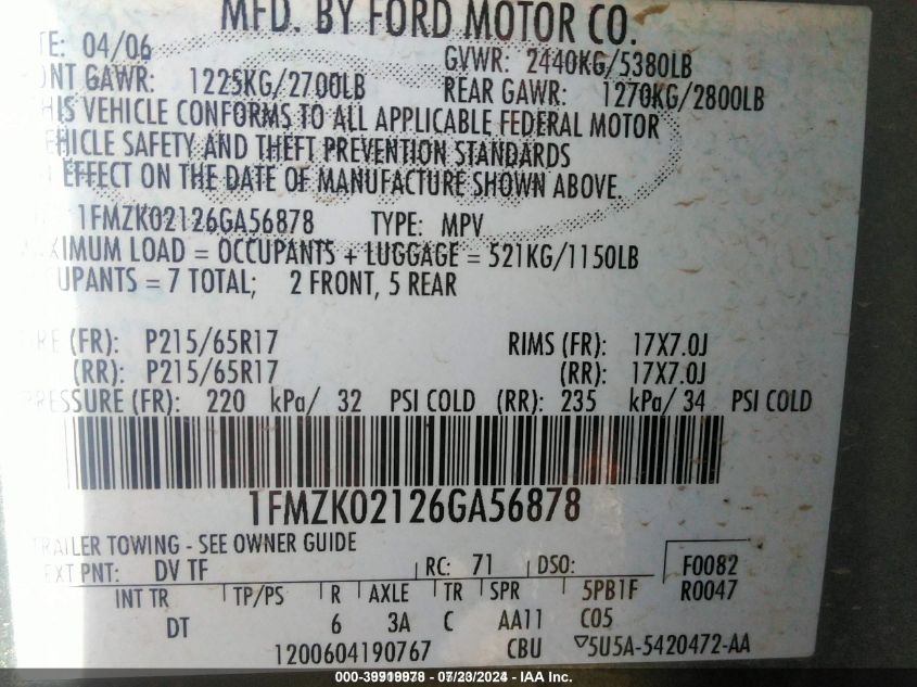 1FMZK02126GA56878 2006 Ford Freestyle Sel