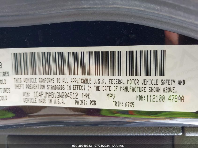 2016 Jeep Cherokee Sport VIN: 1C4PJMAB1GW204512 Lot: 39919983