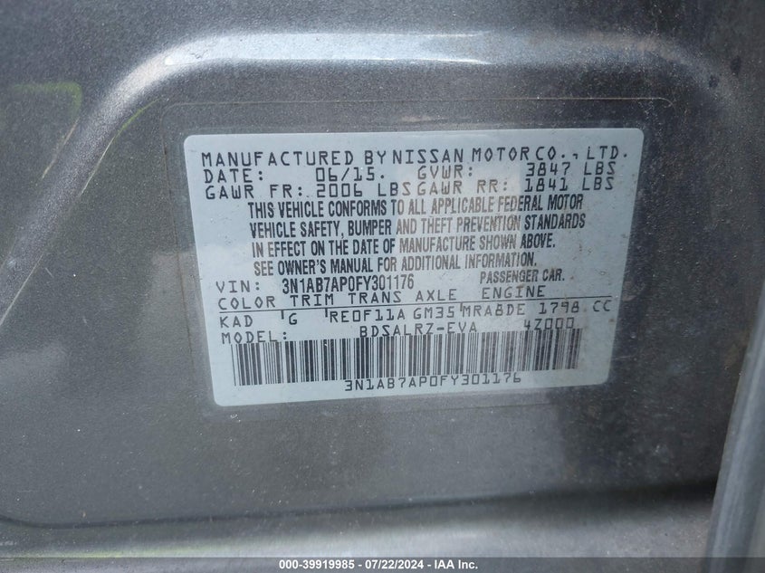 2015 Nissan Sentra Sr VIN: 3N1AB7AP0FY301176 Lot: 39919985