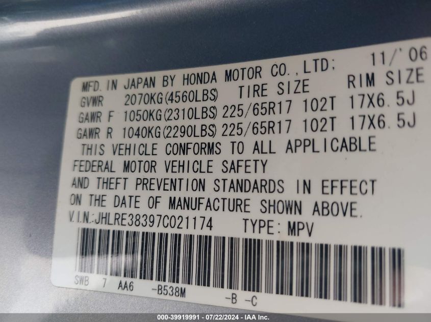 2007 Honda Cr-V Lx VIN: JHLRE38397C021174 Lot: 39919991