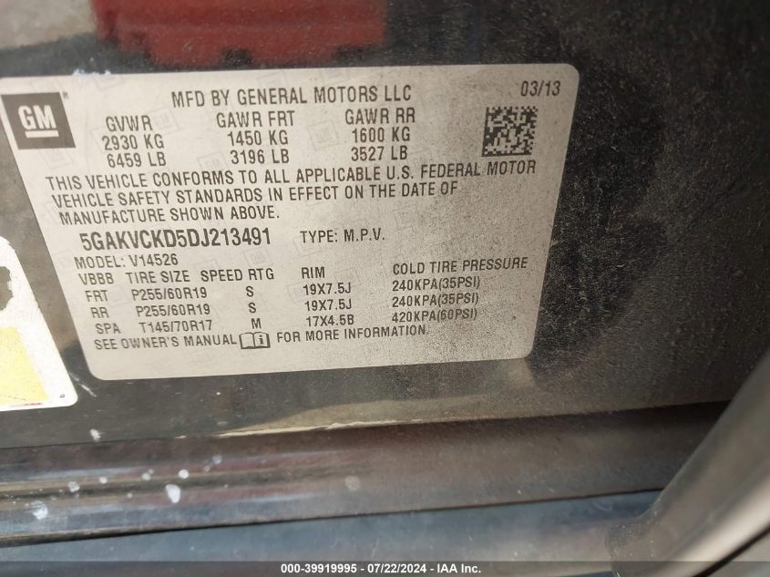 2013 Buick Enclave Leather VIN: 5GAKVCKD5DJ213491 Lot: 39919995