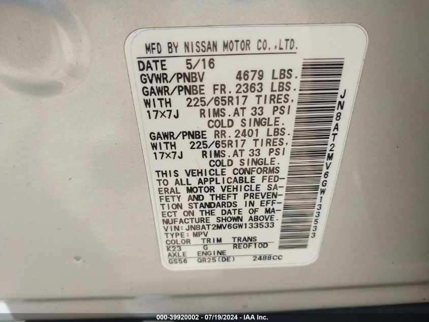 2016 Nissan Rogue S VIN: JN8AT2MV6GW133533 Lot: 39920002