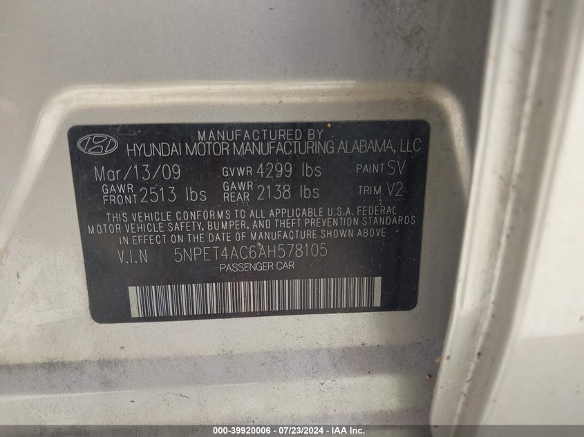 2010 Hyundai Sonata Gls VIN: 5NPET4AC6AH578105 Lot: 39920006