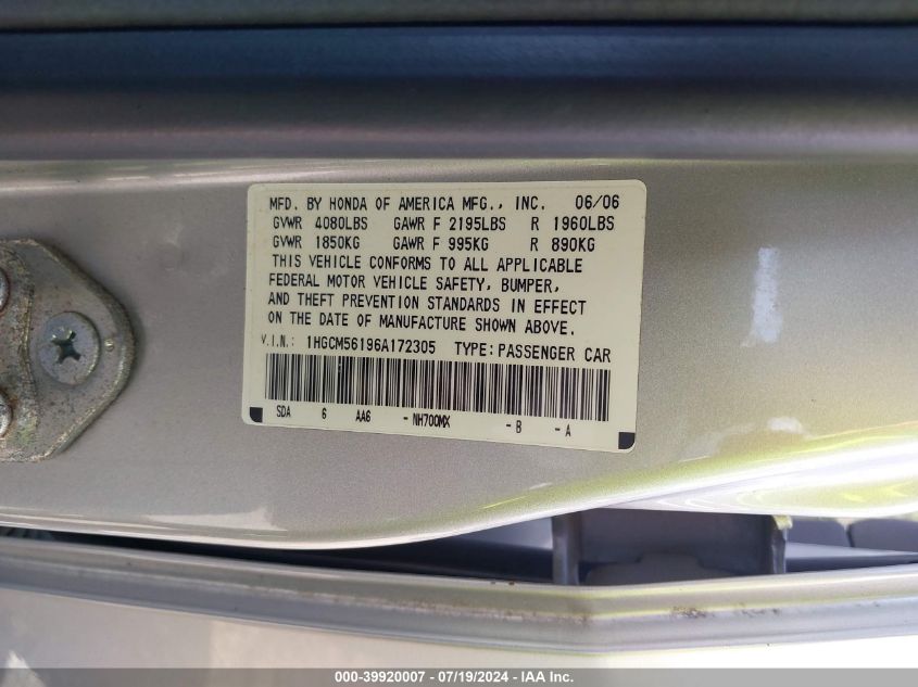 2006 Honda Accord 2.4 Vp VIN: 1HGCM56196A172305 Lot: 39920007
