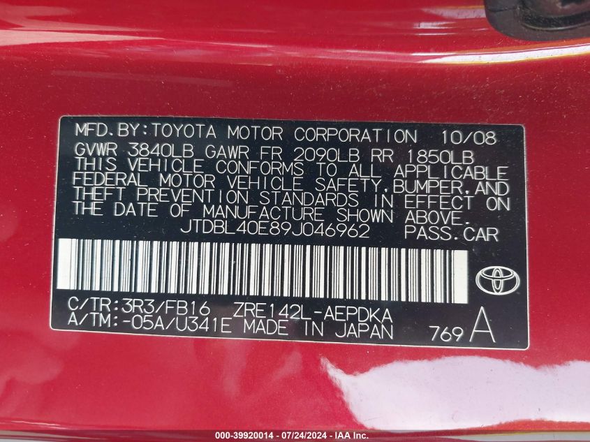 2009 Toyota Corolla Le VIN: JTDBL40E89J046962 Lot: 39920014