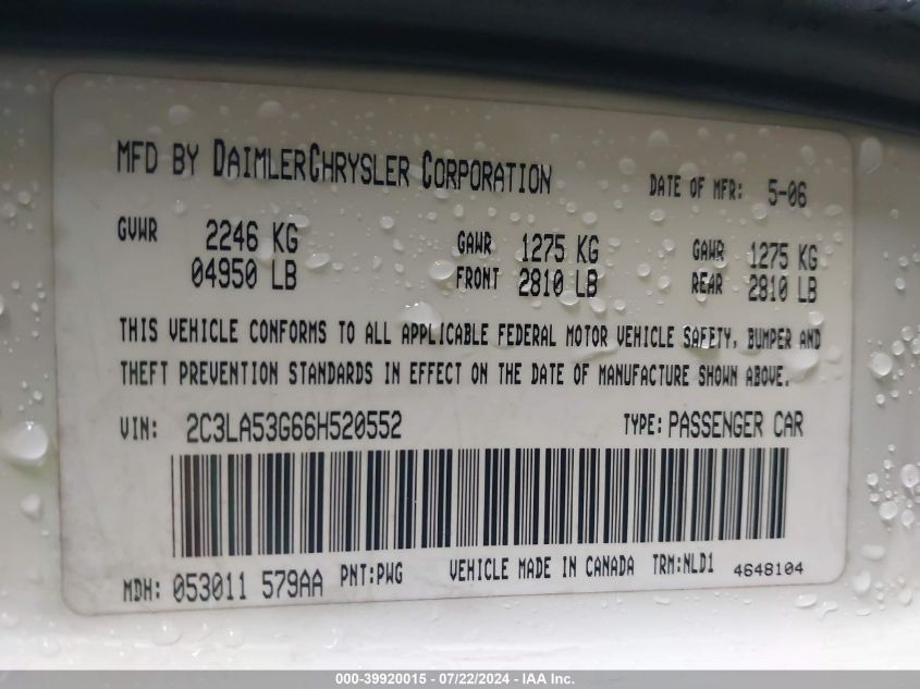 2006 Chrysler 300 Touring VIN: 2C3LA53G66H520552 Lot: 39920015