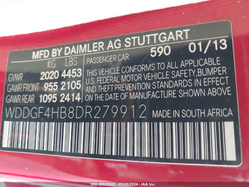 2013 Mercedes-Benz C 250 Luxury/Sport VIN: WDDGF4HB8DR279912 Lot: 39920022