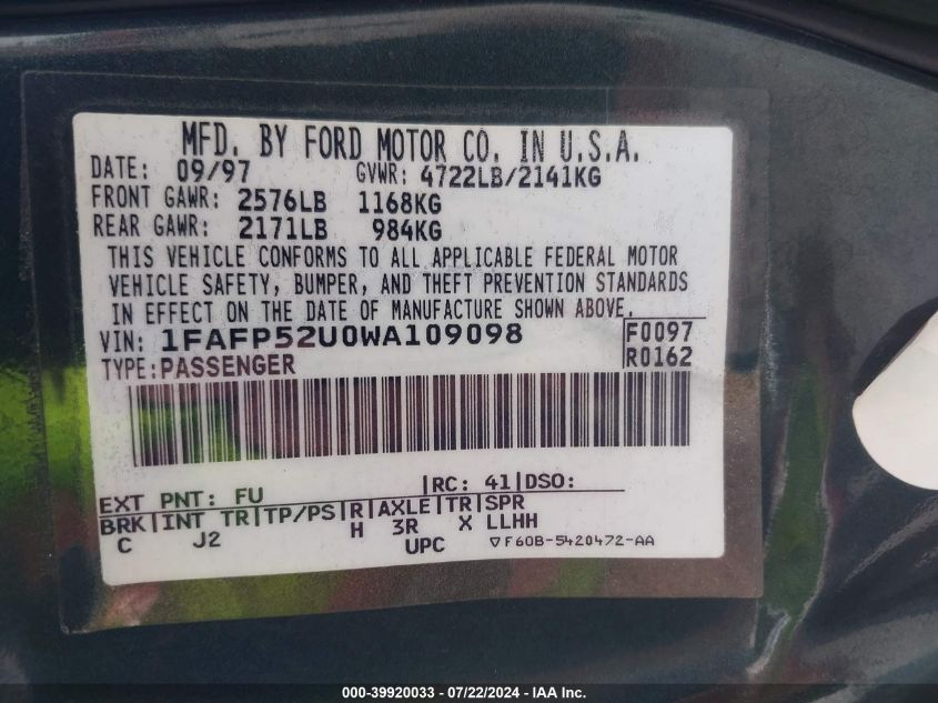1998 Ford Taurus Lx/Se VIN: 1FAFP52U0WA109098 Lot: 39920033