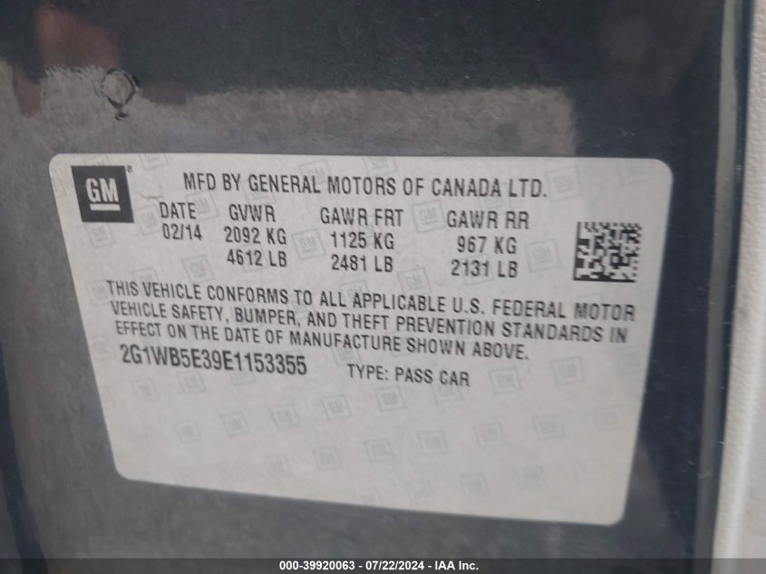 2014 Chevrolet Impala Limited Lt VIN: 2G1WB5E39E1153355 Lot: 39920063