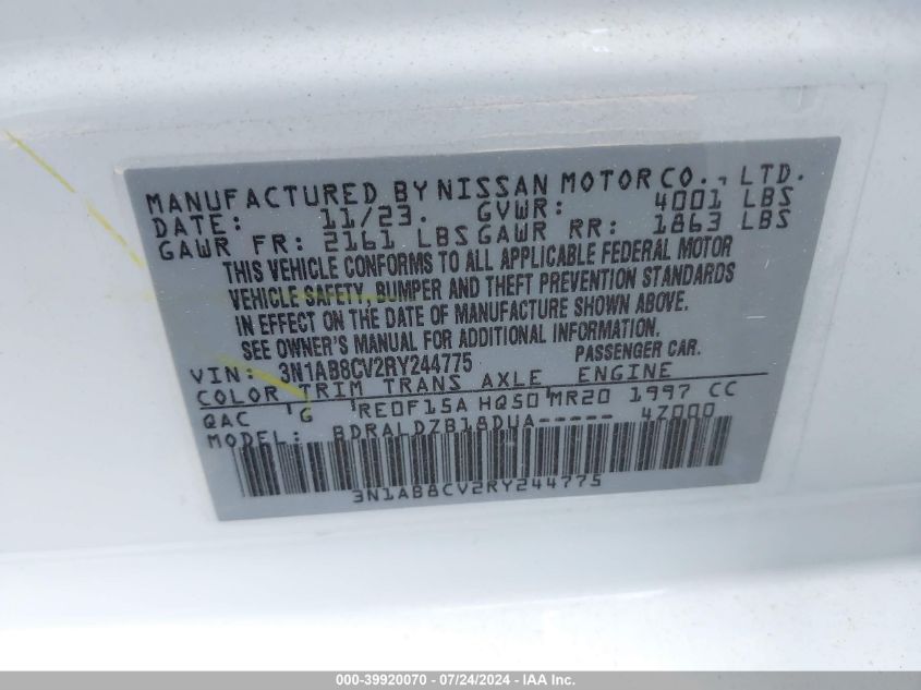 2024 Nissan Sentra Sv Xtronic Cvt VIN: 3N1AB8CV2RY244775 Lot: 39920070