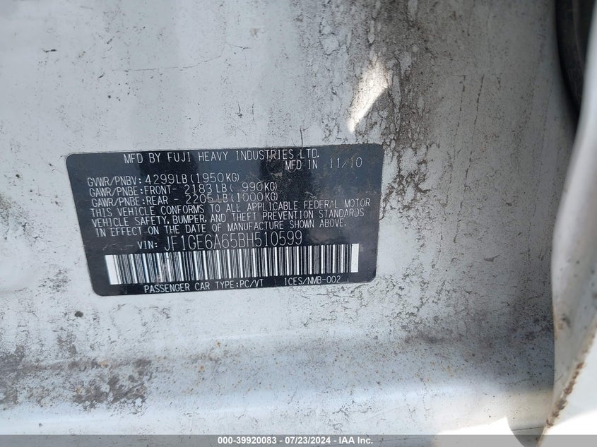 2011 Subaru Impreza 2.5I VIN: JF1GE6A65BH510599 Lot: 39920083