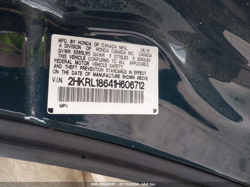 2001 Honda Odyssey Ex VIN: 2HKRL18641H606712 Lot: 39920091