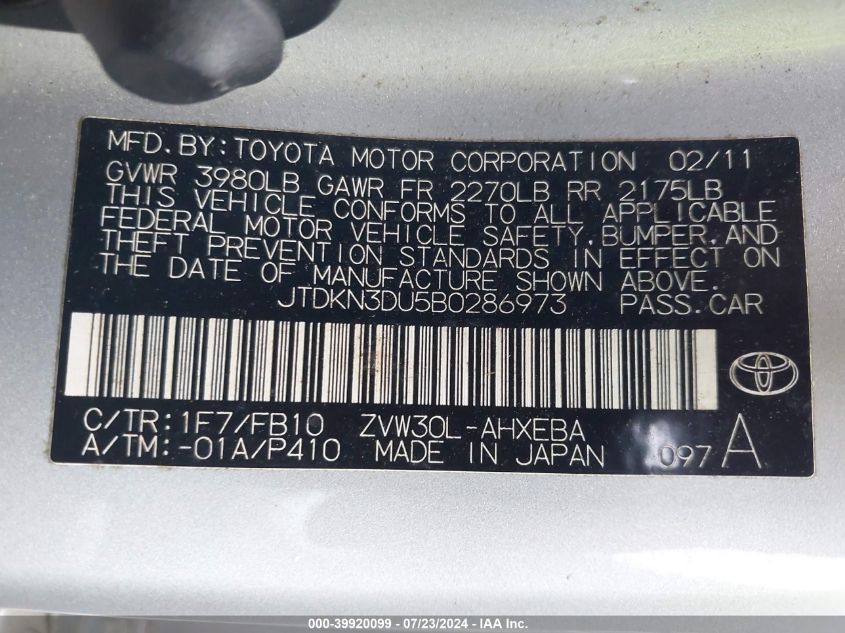 JTDKN3DU5B0286973 | 2011 TOYOTA PRIUS