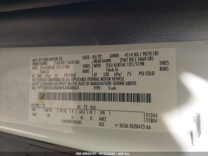 2022 FORD TRANSIT-250 CARGO VAN - 1FTBR3U86NKA64863