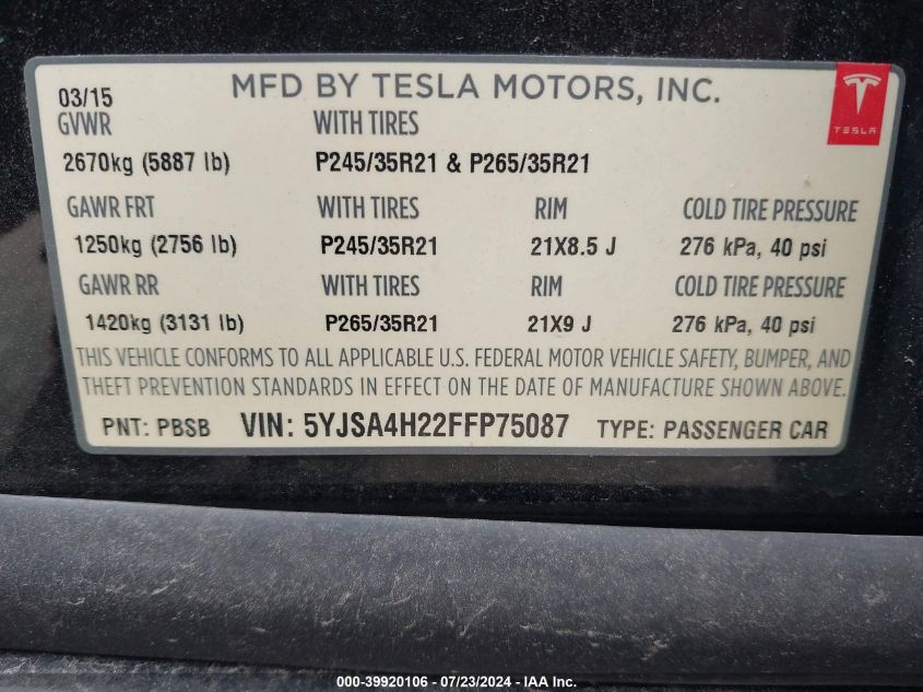 2015 Tesla Model S 70D/85D/P85D VIN: 5YJSA4H22FFP75087 Lot: 39920106