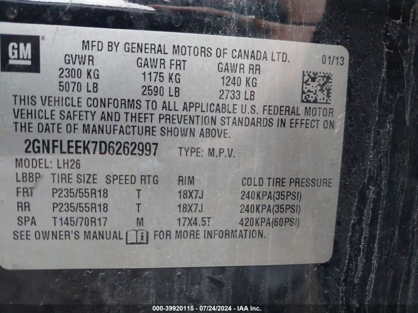 2013 Chevrolet Equinox 1Lt VIN: 2GNFLEEK7D6262997 Lot: 39920115