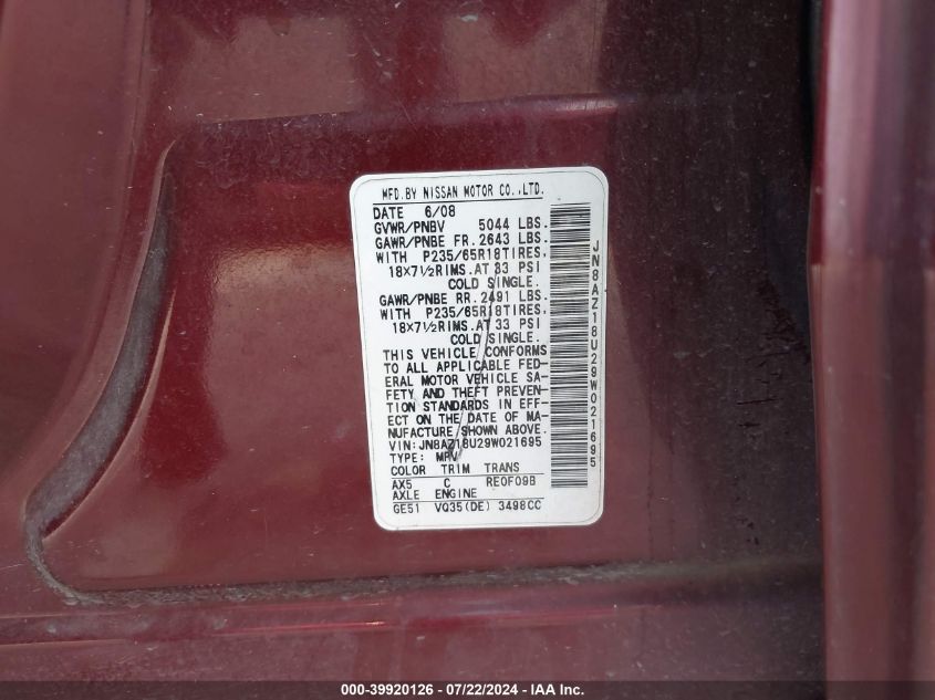 2009 Nissan Murano Sl VIN: JN8AZ18U29W021695 Lot: 39920126