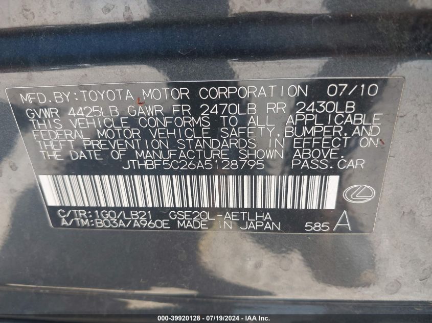 2010 Lexus Is 250 VIN: JTHBF5C26A5128795 Lot: 39920128