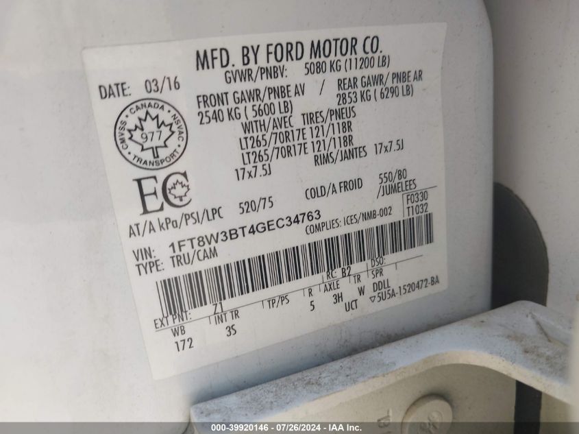 2016 Ford F-350 Super Duty VIN: 1FT8W3BT4GEC34763 Lot: 39920146