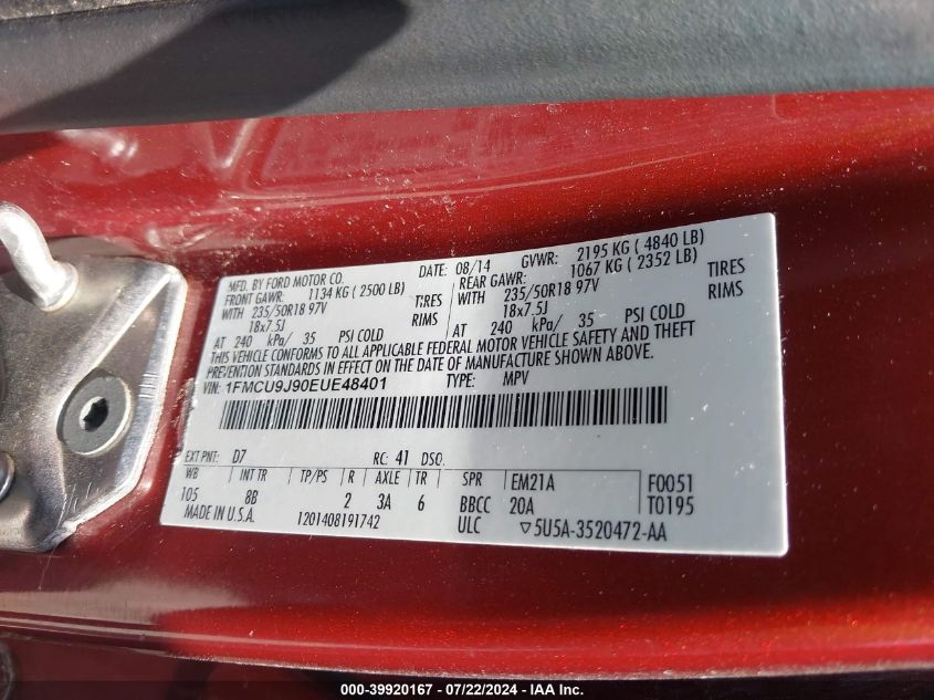 2014 Ford Escape Titanium VIN: 1FMCU9J90EUE48401 Lot: 39920167