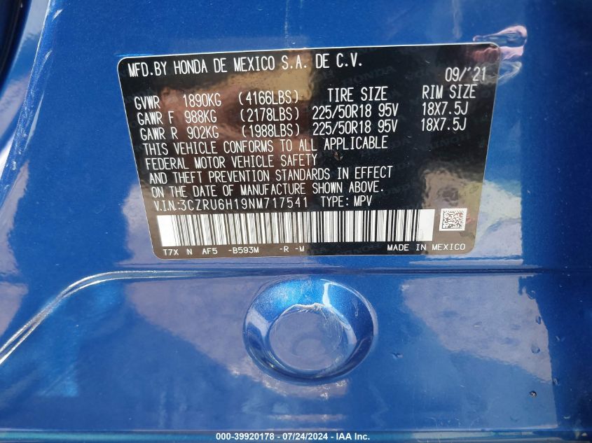 2022 Honda Hr-V Awd Sport VIN: 3CZRU6H19NM717541 Lot: 39920178