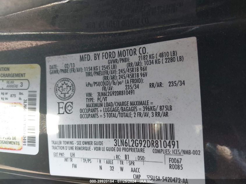 2013 Lincoln Mkz VIN: 3LN6L2G92DR810491 Lot: 39920184