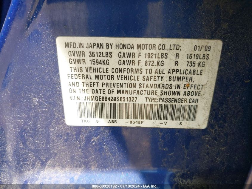 2009 Honda Fit Sport VIN: JHMGE88429S051327 Lot: 39920192