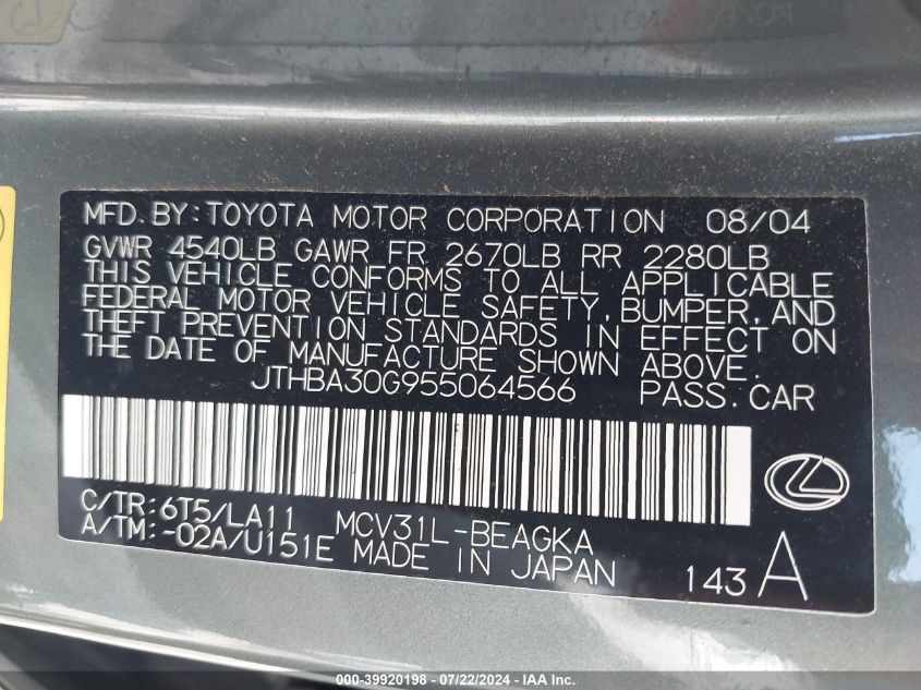 2005 Lexus Es 330 VIN: JTHBA30G955064566 Lot: 39920198