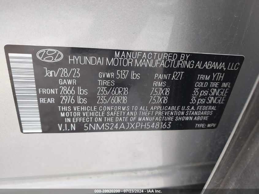 2023 Hyundai Santa Fe Sel VIN: 5NMS24AJXPH548163 Lot: 39920200