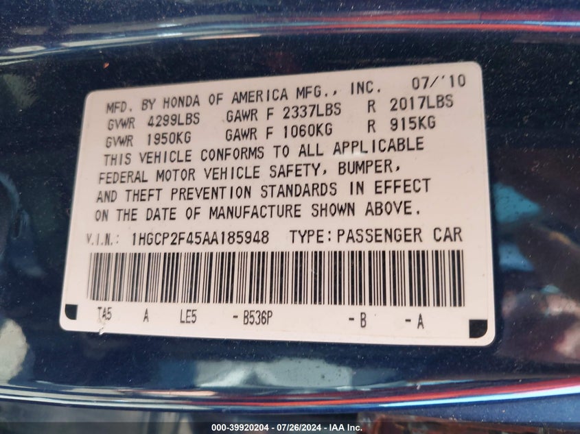 2010 Honda Accord 2.4 Lx-P VIN: 1HGCP2F45AA185948 Lot: 39920204