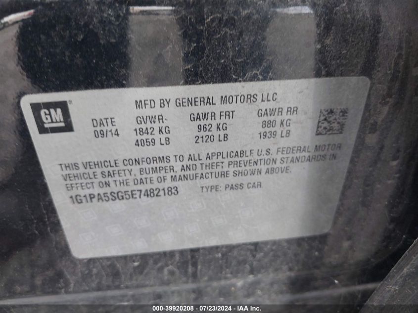 2014 Chevrolet Cruze Ls Auto VIN: 1G1PA5SG5E7482183 Lot: 39920208
