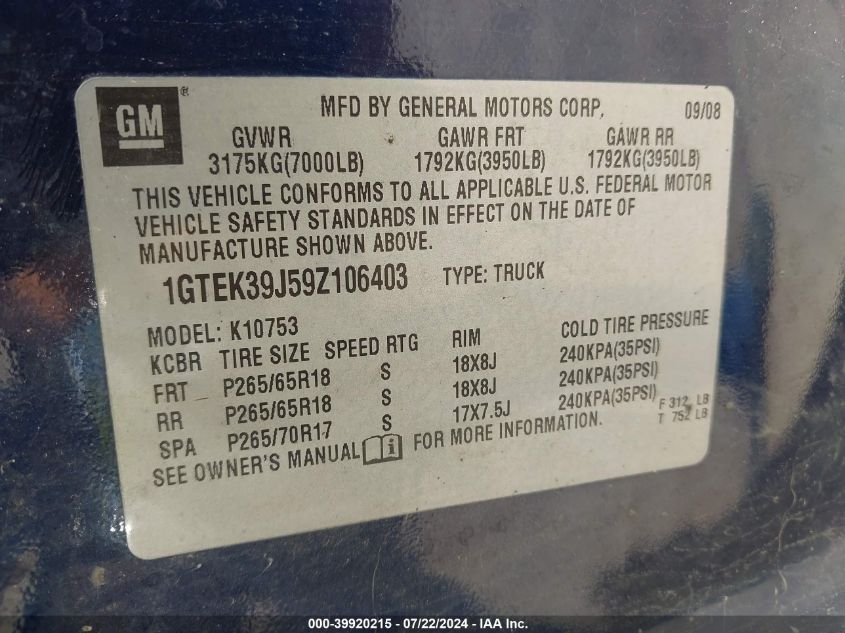 2009 GMC Sierra 1500 Slt VIN: 1GTEK39J59Z106403 Lot: 39920215
