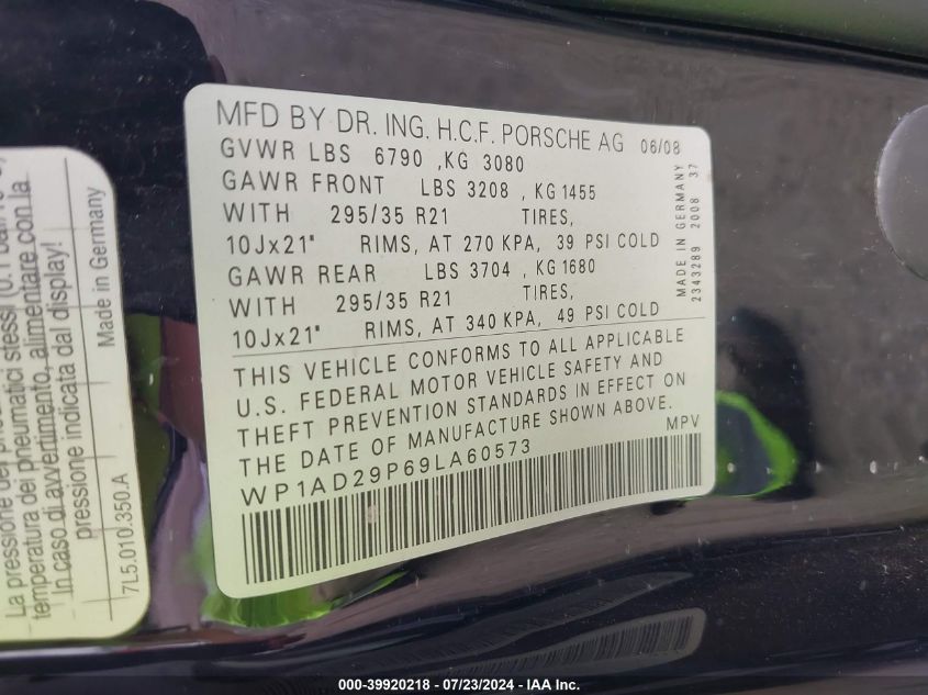 2009 Porsche Cayenne Gts VIN: WP1AD29P69LA60573 Lot: 39920218