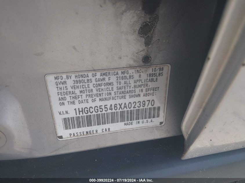 1999 Honda Accord Lx VIN: 1HGCG5546XA023970 Lot: 39920224