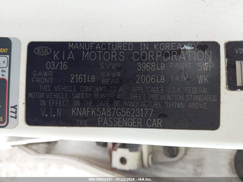 2016 Kia Forte Lx VIN: KNAFK5A87G5623177 Lot: 39920251
