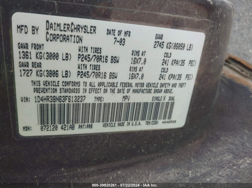 2003 Dodge Durango Sport/Sxt VIN: 1D4HR38N63F613237 Lot: 39920261