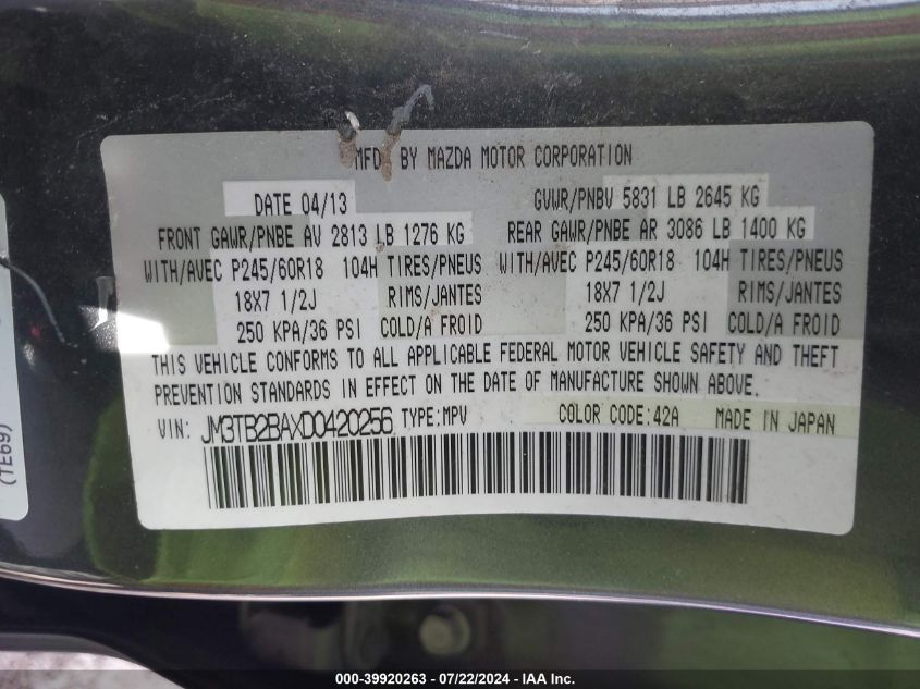 2013 Mazda Cx-9 Sport VIN: JM3TB2BAXD0420256 Lot: 39920263